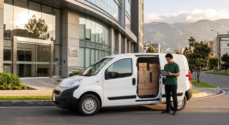 Camioneta de El Cuvo con un pedido listo para entregar en una oficina